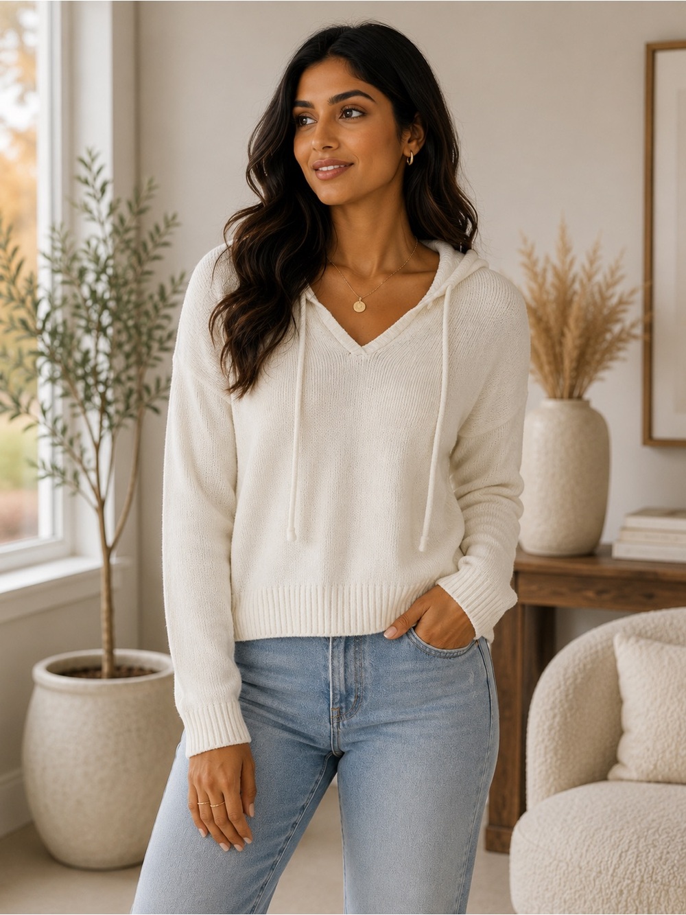 Cynthia Rowley White Chenille Knit Hoodie Sweater, size Medium